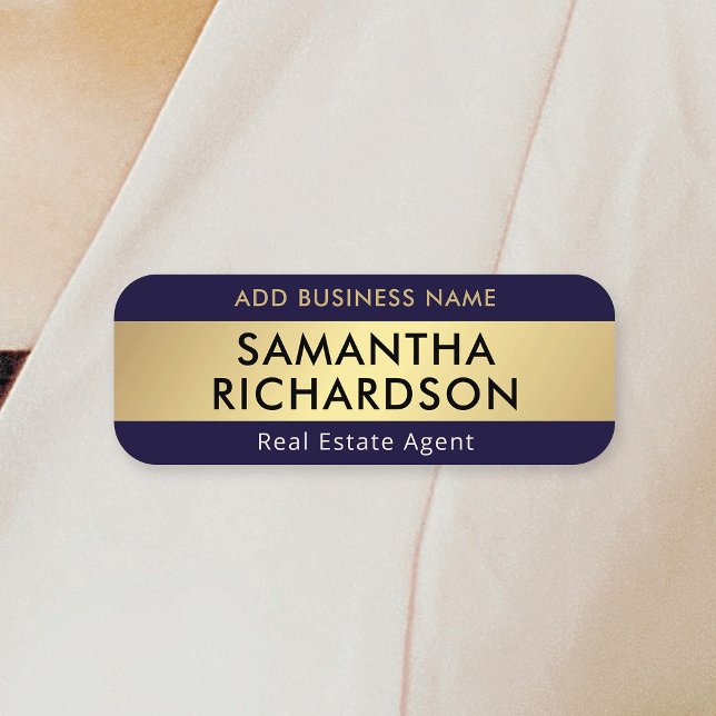 Modernes Chic Navy & Gold Office Mitarbeiter Busin Namensschild (Modern navy blue and faux gold business employee name tags with custom text and your company name)