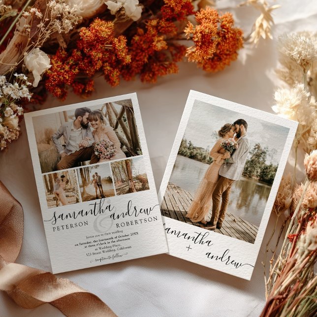 Modernes Chic Schwarz-weiß 5 Foto Minimalistisch H Einladung (Modern Chic Black White 5 Photo Minimalist Wedding Invitation)