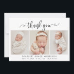 Modernes Chic Script Baby 3 Foto Collage Vielen Da Dankeskarte<br><div class="desc">Modernes, elegantes Drehbuch 3 Foto Collage Neugeborenes Baby Vielen Dank für Ihre Geburtsankündigung Karte. Enthält einen hübschen "Dankeschön"-Text in einem handgeschriebenen Kalligrafie-Wirblen swash Schwanz-Schriftart-Skript in Schwarz-Weiß. Dazu gehören eine persönliche Nachricht und eine Geburtsstatistik mit dem Namen des Babys. Ideal für ein kleines Mädchen oder einen kleinen Jungen. Einfach mit Ihrem...</div>