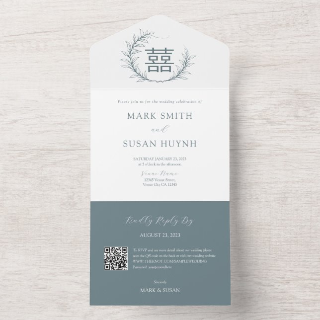 Modernes Chinesisch in einer Hochzeitseinladung All In One Einladung (Innen Boden)