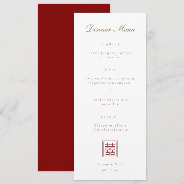 Modernes chinesisches Hochzeitsmenü mit doppeltem  (Vorne/Hinten)