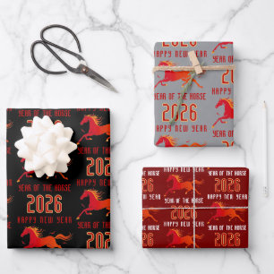 Modernes Chinesisches Pferd Neujahr 2026  Geschenkpapier Set