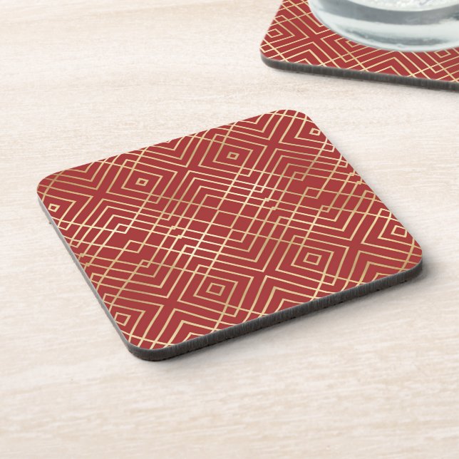Modernes chinesisches rotes Art Deco Geometrisches Getränkeuntersetzer (Linke Seite)