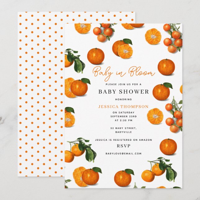 Modernes Citrus Orange Baby in Bloom Baby Dusche Einladung (Vorne/Hinten)