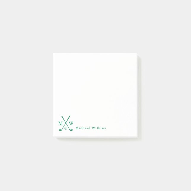 Modernes Classic Green Crossed Golf Club Monogram Post-it Klebezettel (Vorderseite)