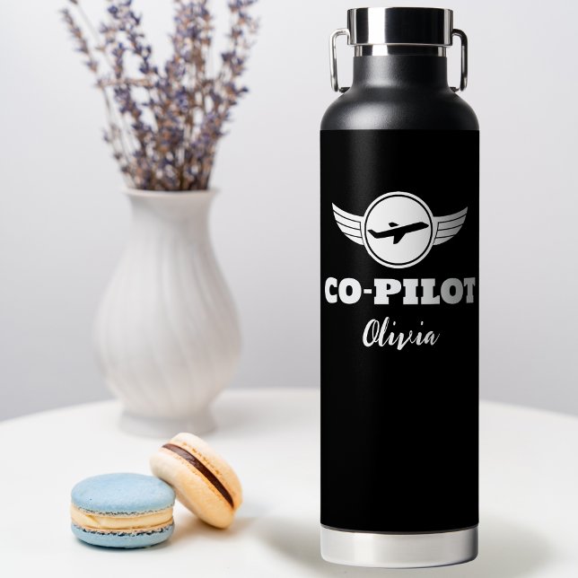 Modernes CO-PILOT-Typografie-Flugzeug, Schwarz/Wei Trinkflasche (Von Creator hochgeladen)