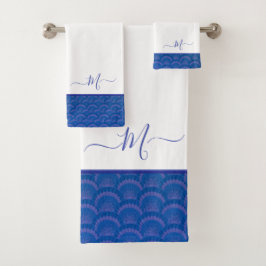Modernes Coastal Blue White Seashell Monogram Badhandtuch Set