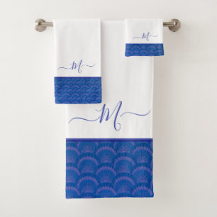 Modernes Coastal Blue White Seashell Monogram Badhandtuch Set