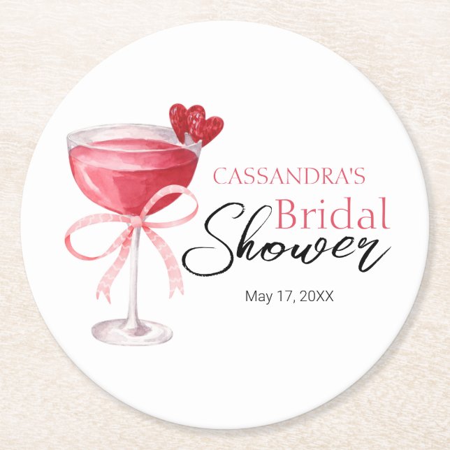Modernes Cocktail Drink Pink Bow Brautparty Runder Pappuntersetzer (Vorderseite)