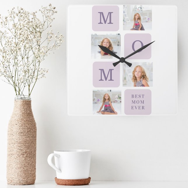 Modernes Collage Foto Beste Mama je Lila Geschenk Quadratische Wanduhr (Von Creator hochgeladen)