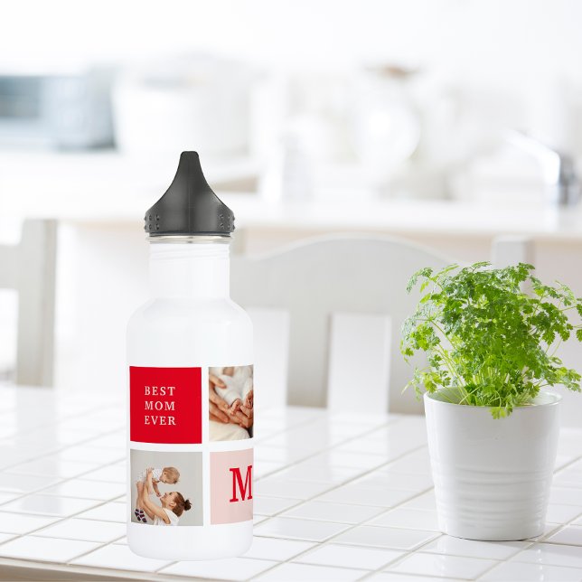 Modernes Collage Foto Rot & Rosa Beste Mama je Ges Edelstahlflasche (Von Creator hochgeladen)