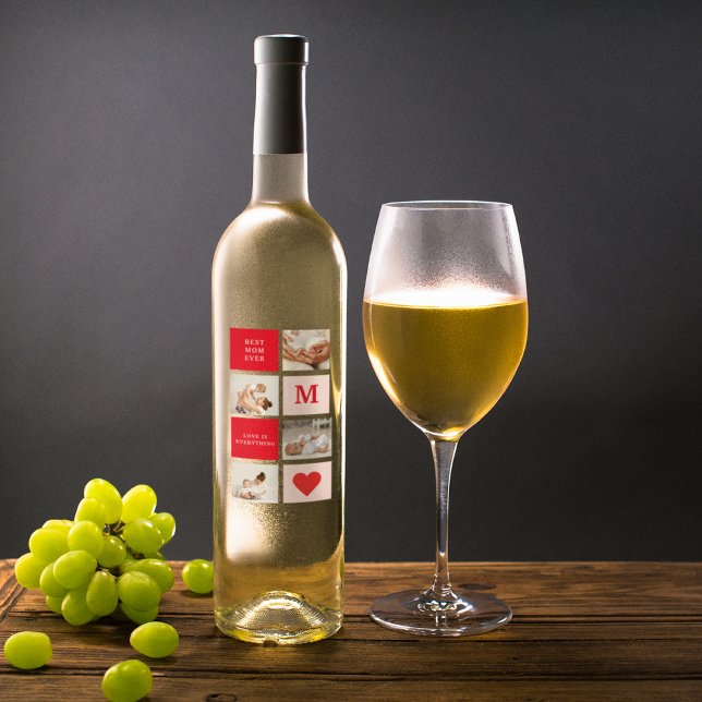 Modernes Collage Foto Rot & Rosa Beste Mama je Ges Weinetikett (Von Creator hochgeladen)