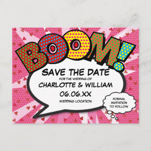 Modernes Comic-Book BOOM Pink Save-the-Date Postkarte