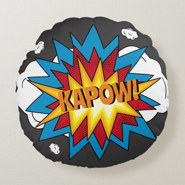 Modernes Comic Buch KAPOW Pop Kunst Rundes Kissen (Vorderseite)