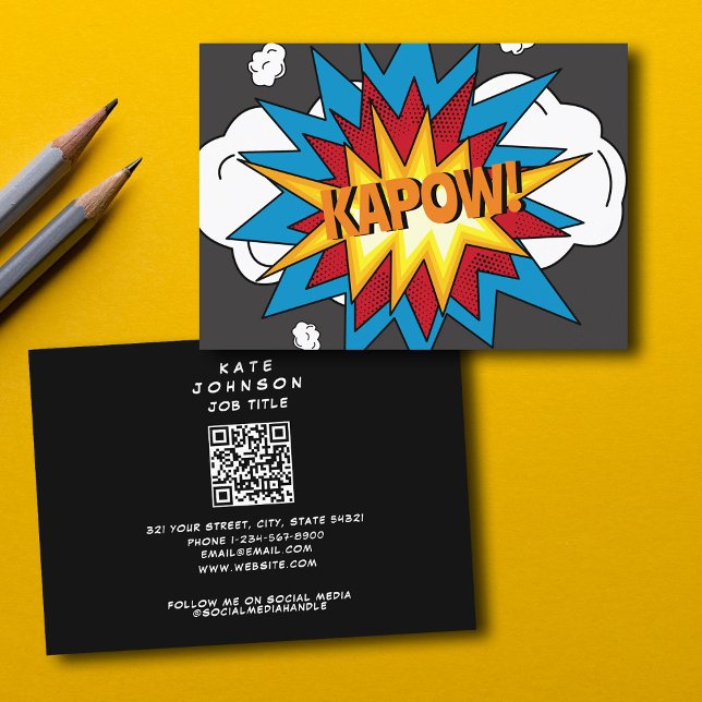 Modernes Comic Buch KAPOW Pop Kunst Visitenkarte (Modern Colorful Comic Book KAPOW Pop Art Business Card)