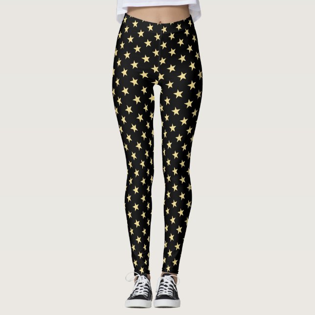 Modernes, Cooles Black Gold Stars Sportteam Muster Leggings (Vorderseite)