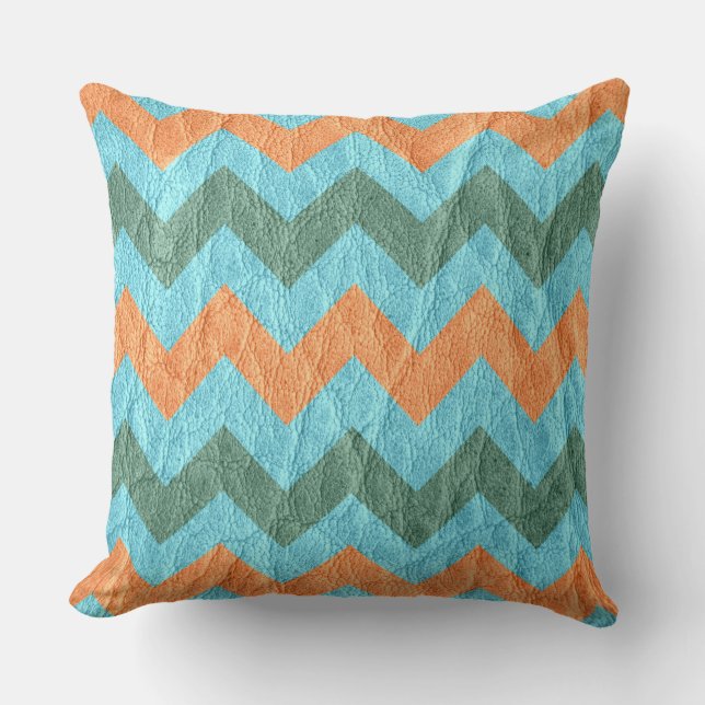 Modernes Coral Aqua Zickzack Leder Kissen (Vorderseite)