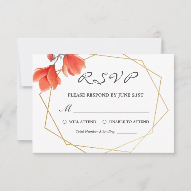 Modernes Coral Floral Gold Geometric Wedding RSVP Karte (Vorderseite)