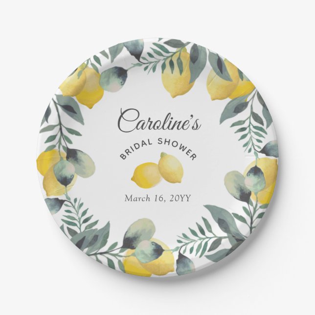 Modernes Country Lemons Boho Greenery Brautparty Pappteller (Vorderseite)
