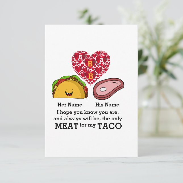 Modernes Couple-Taco und Fleischliebhaber maßgesch Karte (Stehend Vorderseite)