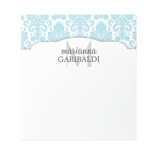 Modernes Damask Aqua Personalisiert Notizblock (Vorderseite)
