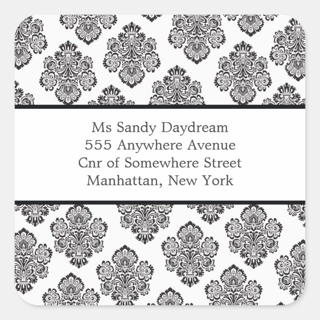 Modernes Damask Schwarz/Weiß-Adressenaufkleber Quadratischer Aufkleber (Vorderseite)