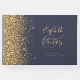 Modernes Dark Blue Gold Glitzer Script Gästebuch