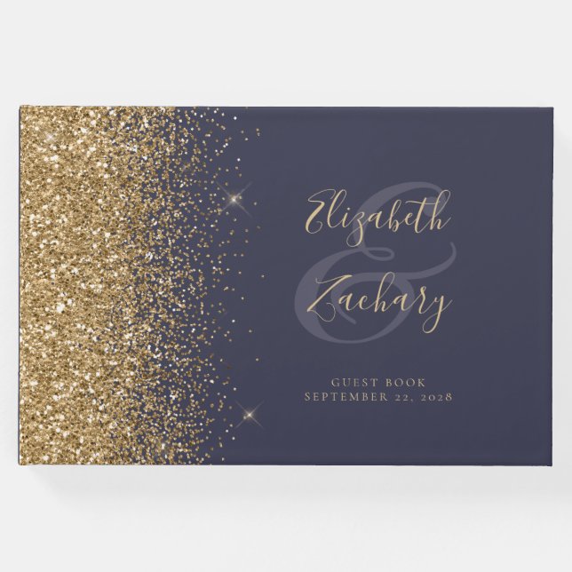 Modernes Dark Blue Gold Glitzer Script Gästebuch (Vorderseite)