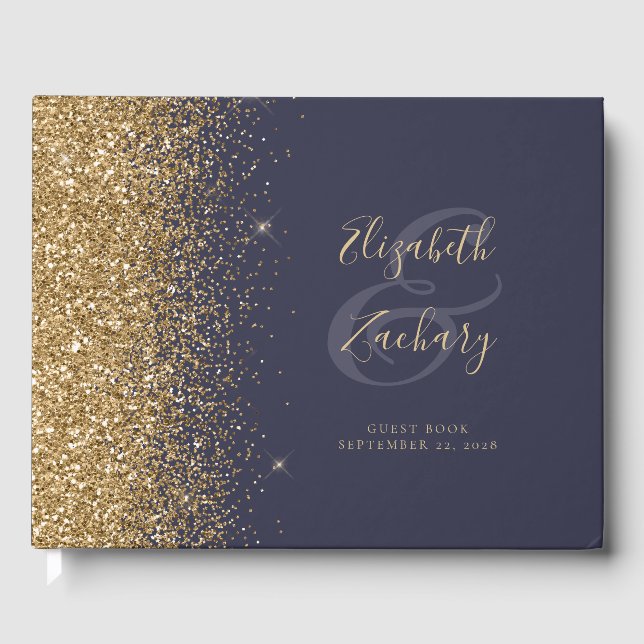 Modernes Dark Blue Gold Glitzer Script Gästebuch (Vorderseite)