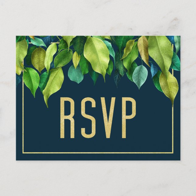 Modernes Deep Blue Eleganage Foliage Wedding RSVP Postkarte (Vorderseite)