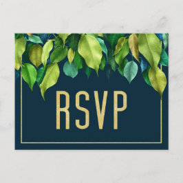 Modernes Deep Blue Eleganage Foliage Wedding RSVP Postkarte
