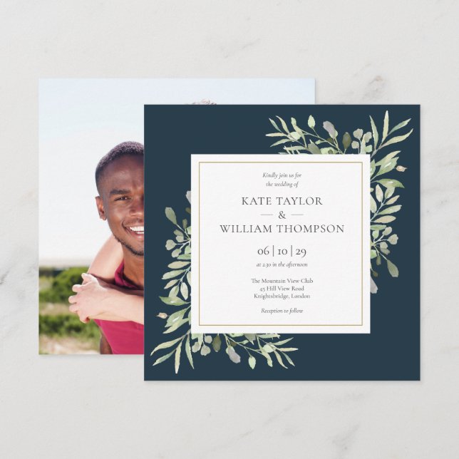 Modernes Deep Sea Blue Greenery Foto Hochzeit Einladung (Vorne/Hinten)