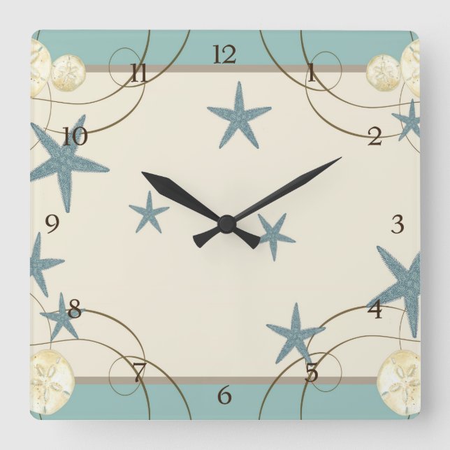 Modernes Dekor des Strandhauses Starfish Sand Doll Quadratische Wanduhr (Vorderseite)