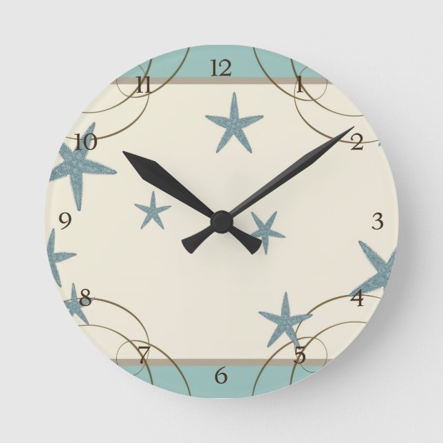 Modernes Dekor des Strandhauses Starfish Sand Doll Runde Wanduhr (Vorderseite)