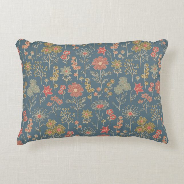 Modernes Denim Blue & Coral Floral Dekokissen (Vorderseite)