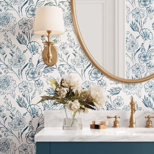 Modernes Design Deep Blue Line Art Floral Foliage  Tapete