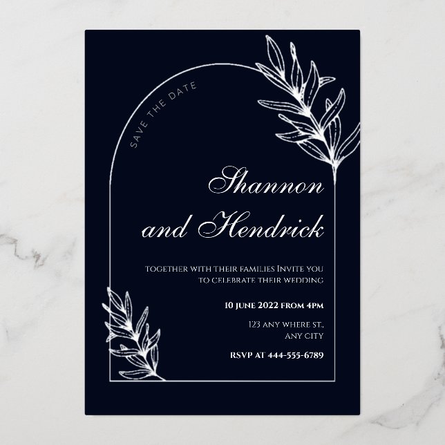 Modernes Design der Navy Arch Line | Silber Folieneinladung (Vorderseite)