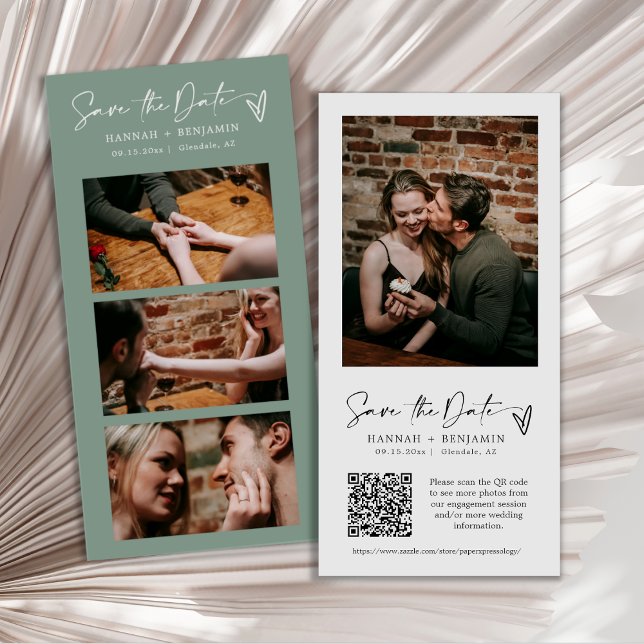 Modernes Design Grüne Boho Foto Stand Strip QR Cod Save The Date (Von Creator hochgeladen)