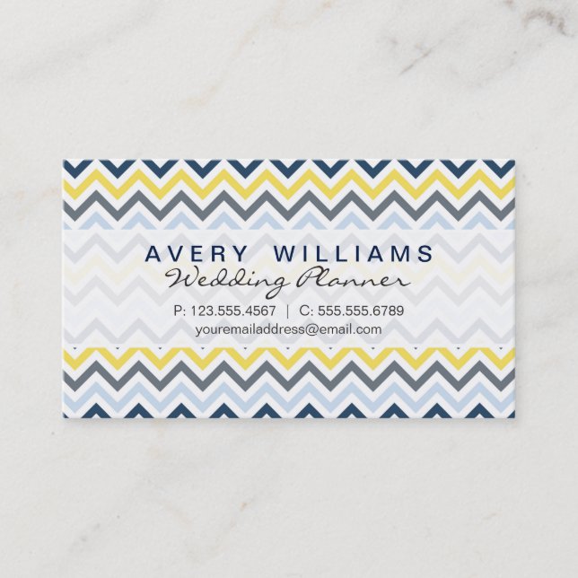 Modernes Design, Navy Blue, Yellow und Grau Zickza Visitenkarte (Vorderseite)