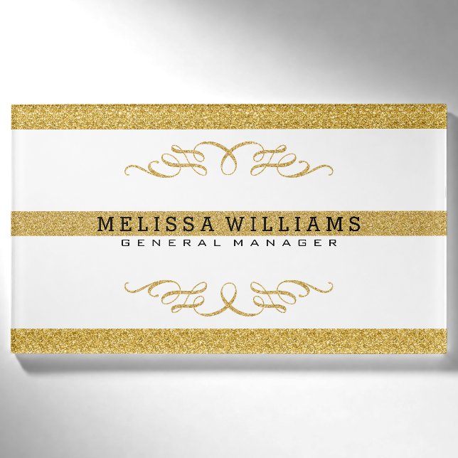 Modernes Design von White & Gold Glitzer & Wirbel Namenschild (Vorderseite)