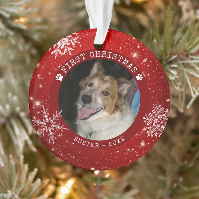 Modernes Dog Red FIRST CHRISTMAS Snowflake Foto Ornament (Baum)