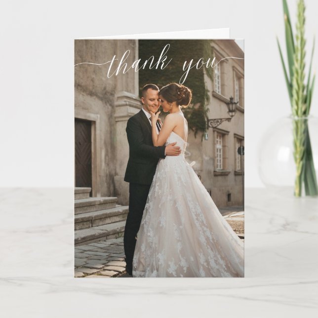 Modernes Drehbuch 3 Foto Hochzeit danke Karte (Vorderseite)