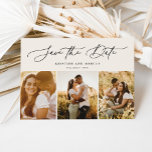 Modernes Drehbuch 3-Foto Multi Beige Save The Date<br><div class="desc">Dieses elegante Save the Date verfügt über 3 Fotos mit anmutiger moderner Kalligraphie-Schrift. Fügen Sie der Rückseite weitere Details hinzu.</div>
