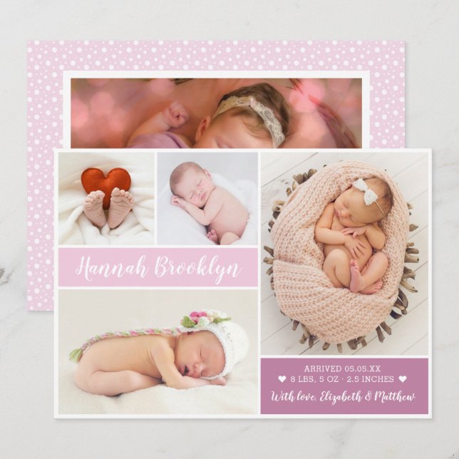 Modernes Drehbuch 4 Foto Collage Birth Ankündigung (Vorne/Hinten)
