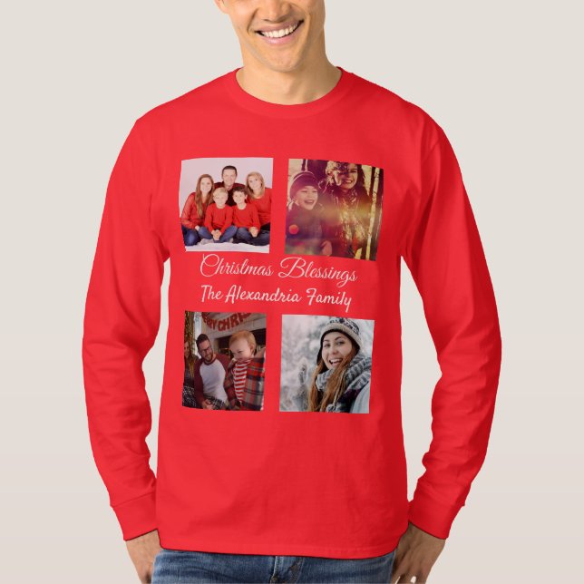 Modernes Drehbuch 4 Foto Collage Familie Weihnacht T-Shirt (Vorderseite)