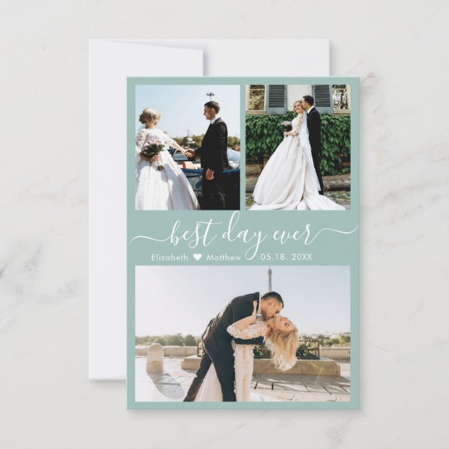 Modernes Drehbuch Aquamarin 3 Foto Collage Wedding Dankeskarte (Vorderseite)