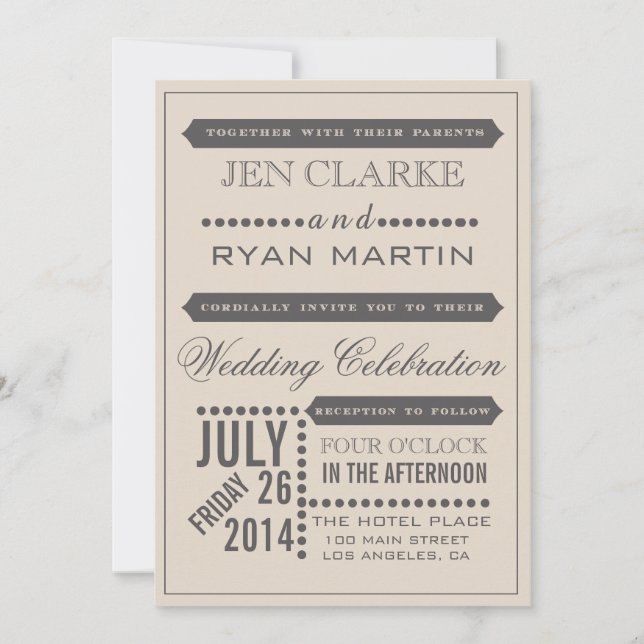 Modernes Drehbuch Beige & Gray Wedding Einladung (Vorderseite)