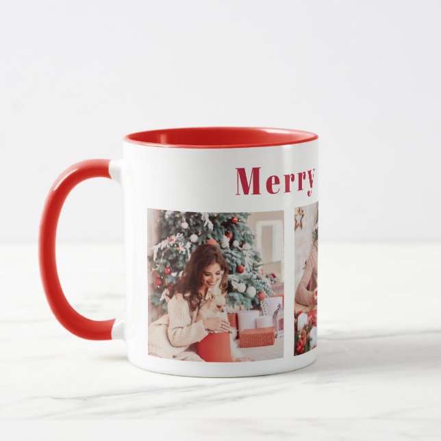 Modernes Drehbuch Drei Foto Rot Merry & Bright Tasse (Links)
