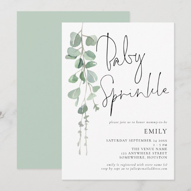 Modernes Drehbuch Eucalyptus Baby Sprinkle Einladu Einladung (Vorne/Hinten)