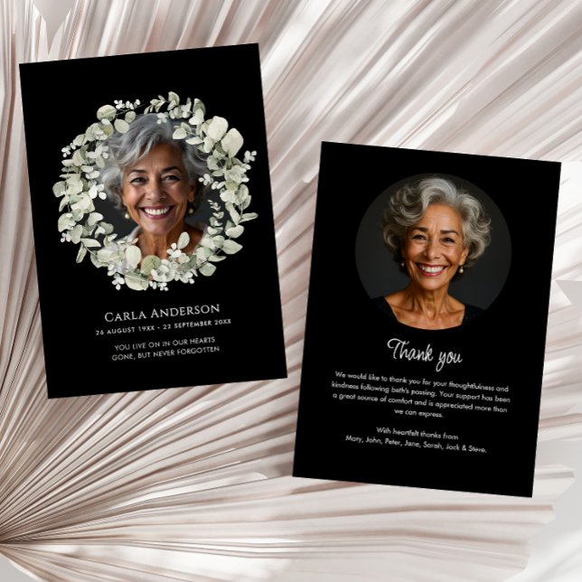 Modernes Drehbuch Eukalyptus 2-Foto Beerdigung/Ged Dankeskarte (Von Creator hochgeladen)